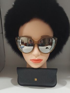 New! Linda Farrow Brown Cream  Cat-Eye Sunglasses with Mirrored Lenses